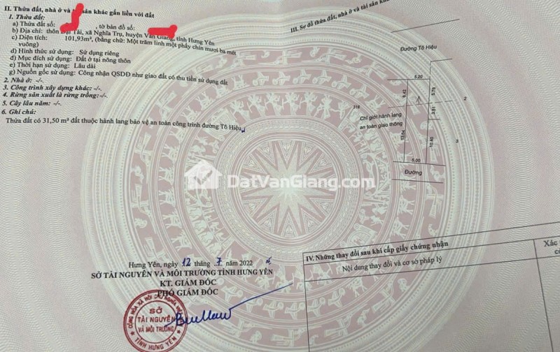 Bán đất thổ cư Văn Giang 101,93m2, 2 Mặt Tiền Đường Huyện, View Sông, Sát Vin 3, Giá Chỉ 5xtr/m2